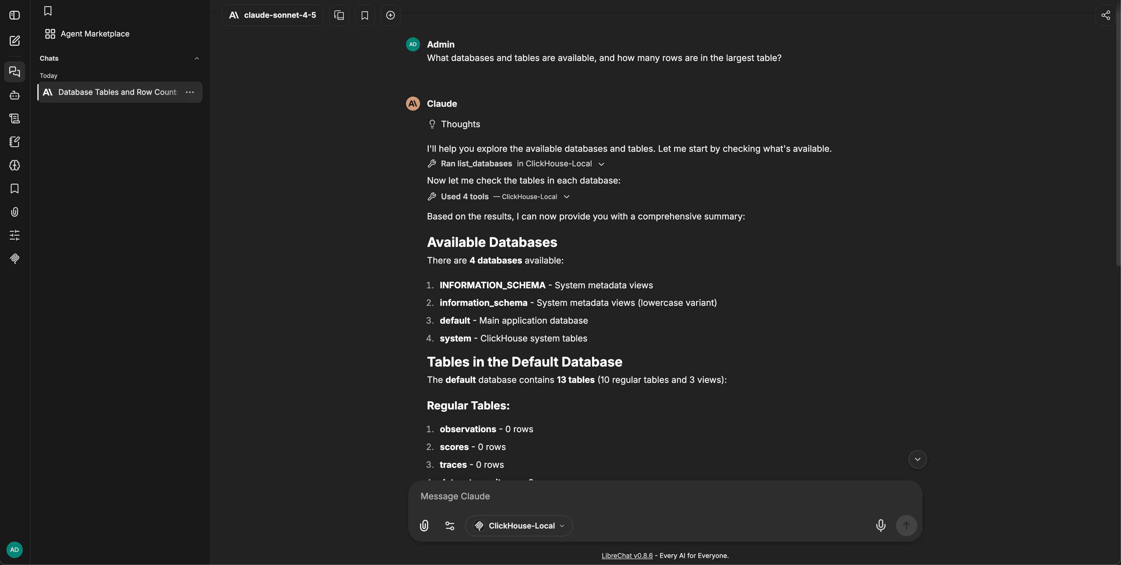 O LibreChat respondendo à pergunta de exemplo ao chamar as ferramentas MCP do ClickHouse-Local e listar os bancos de dados e tabelas disponíveis