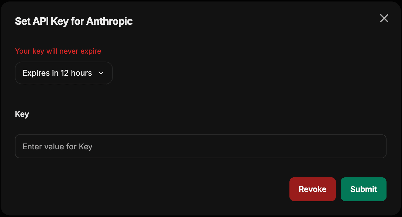 A caixa de diálogo Set API Key for Anthropic com uma lista suspensa de expiração, um campo Key e os botões Submit e Revoke