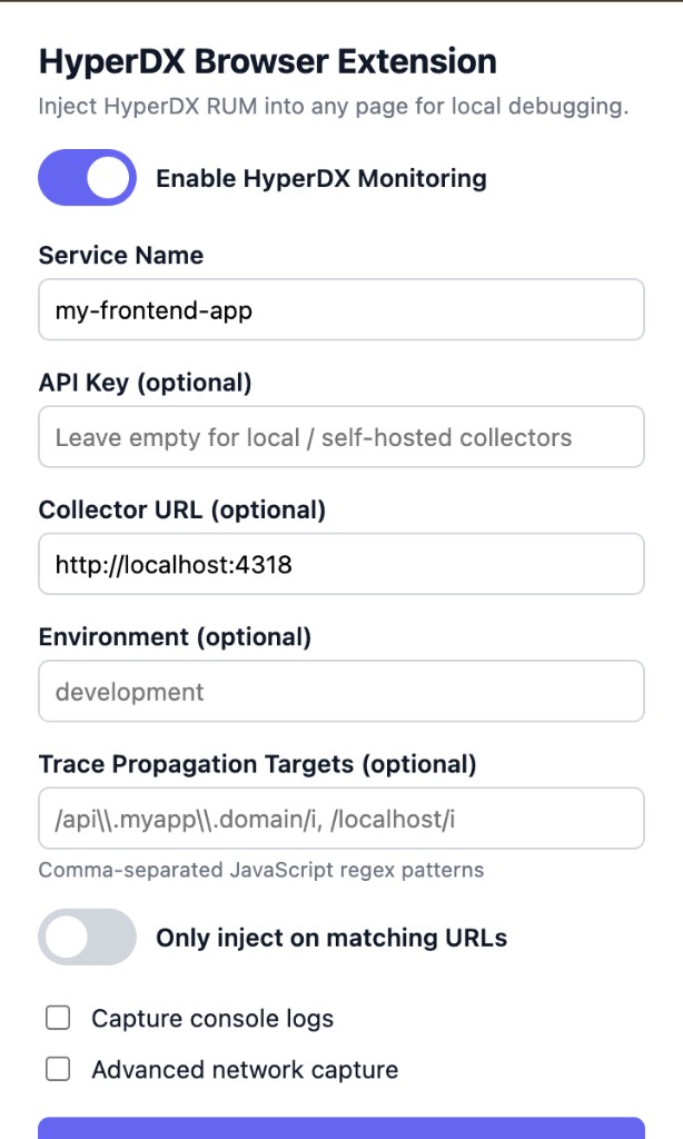 ローカル ClickStack 設定を表示した HyperDX Chrome拡張機能の設定ポップアップ