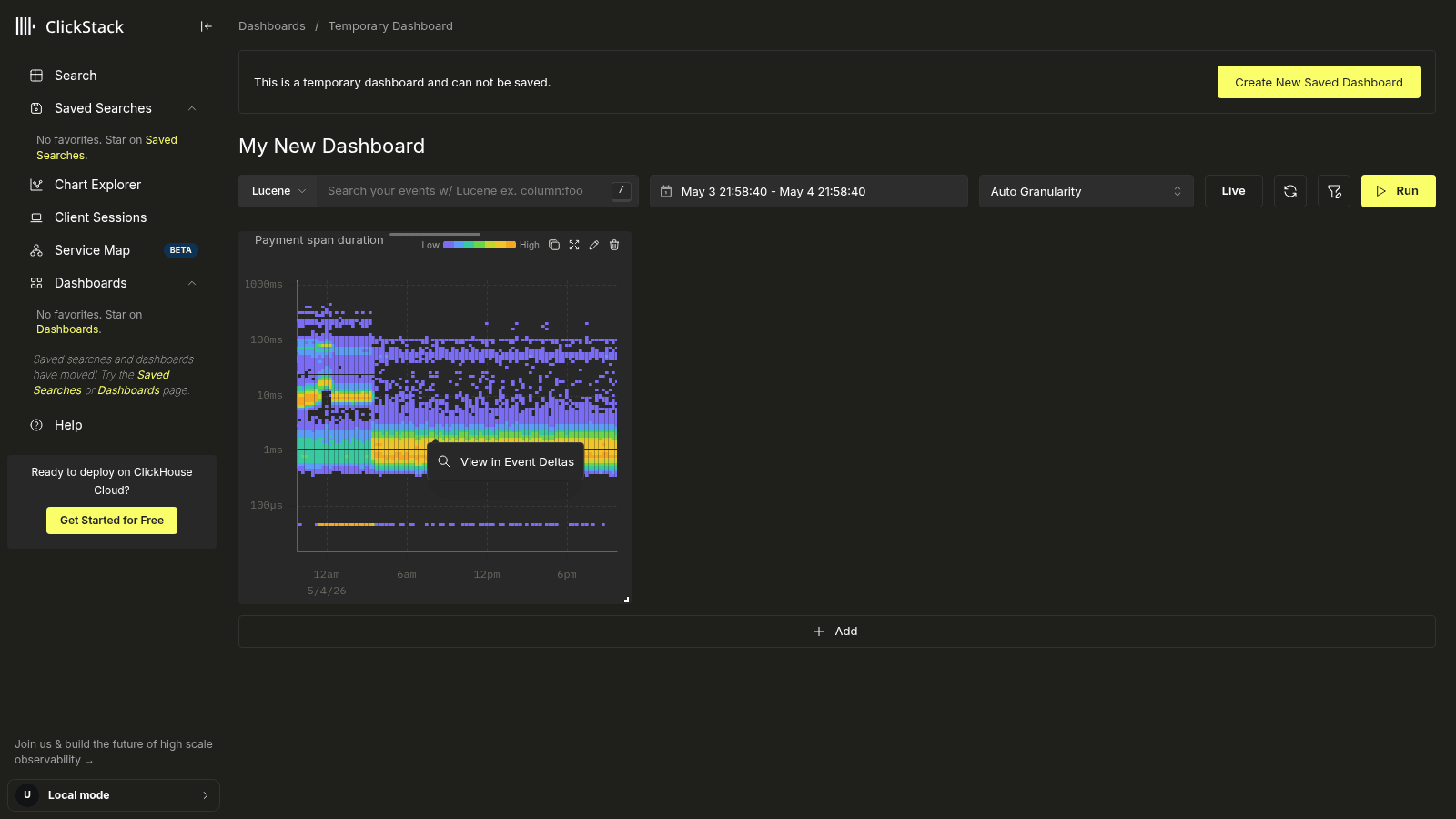 يكشف النقر على خلية في heatmap إجراء View in Event Deltas