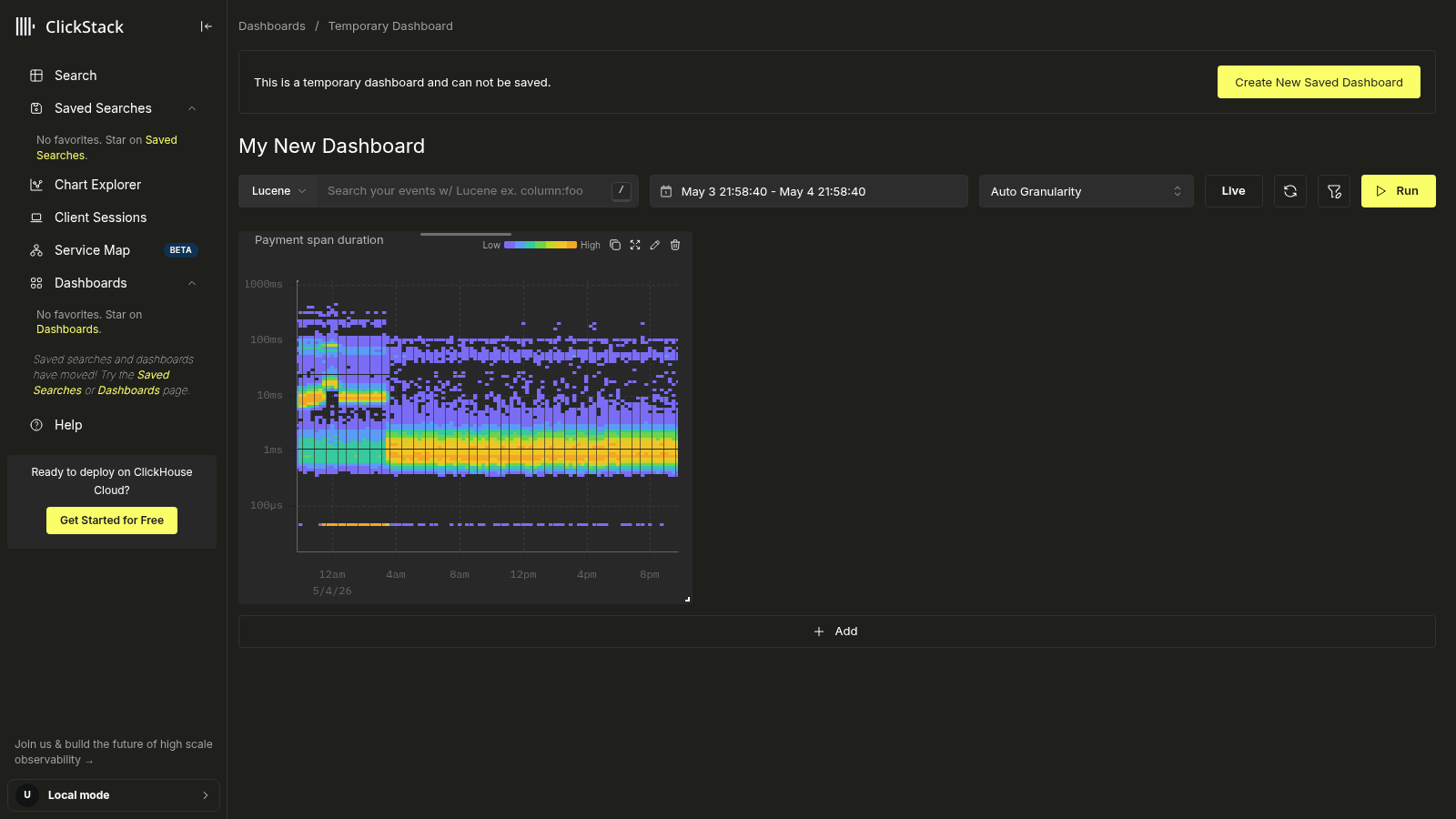 بطاقة heatmap على لوحة المعلومات تعرض توزيع مدة الـ span لخدمة payment على مدى 24 ساعة