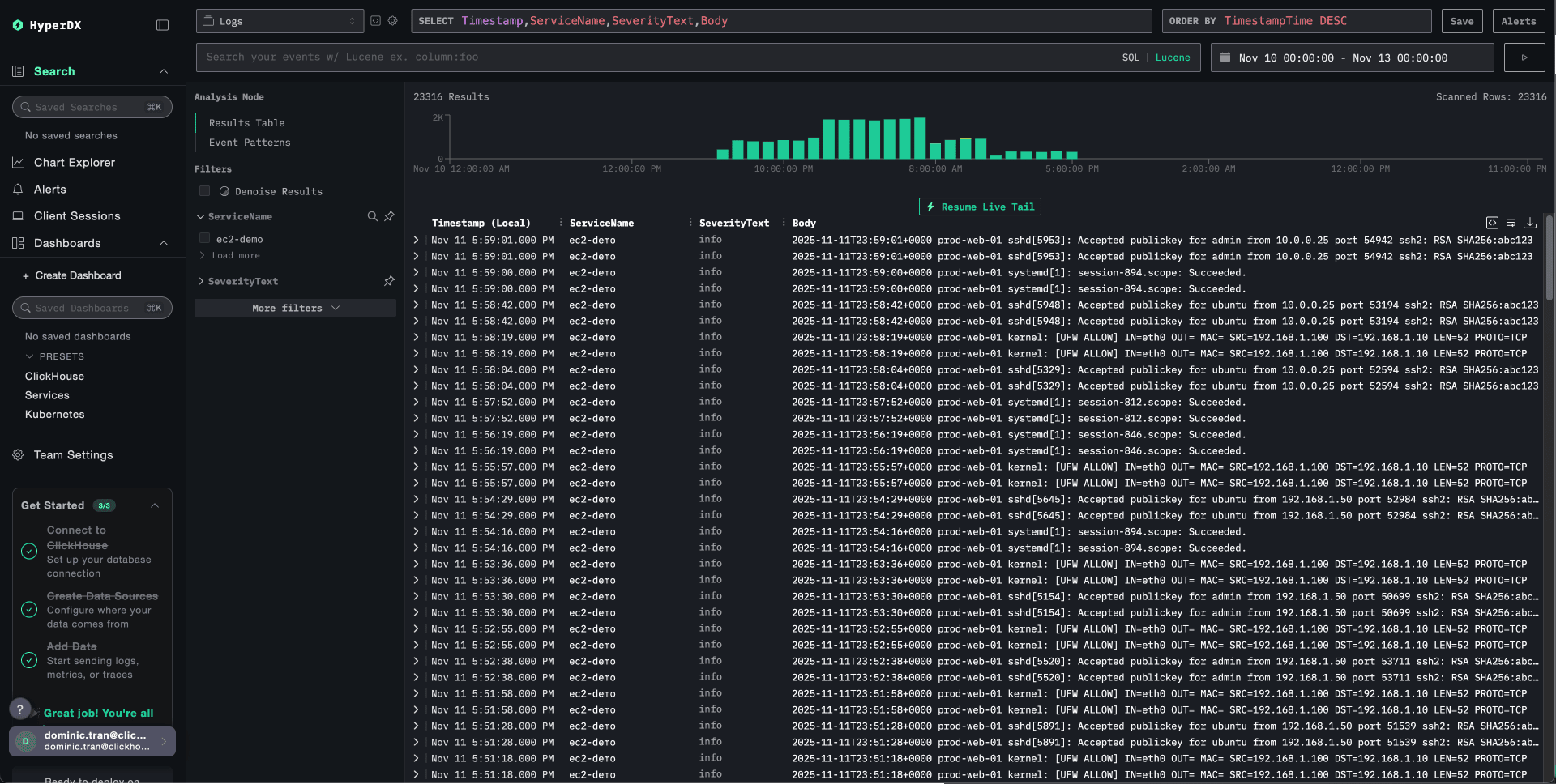 Search view de logs da EC2
