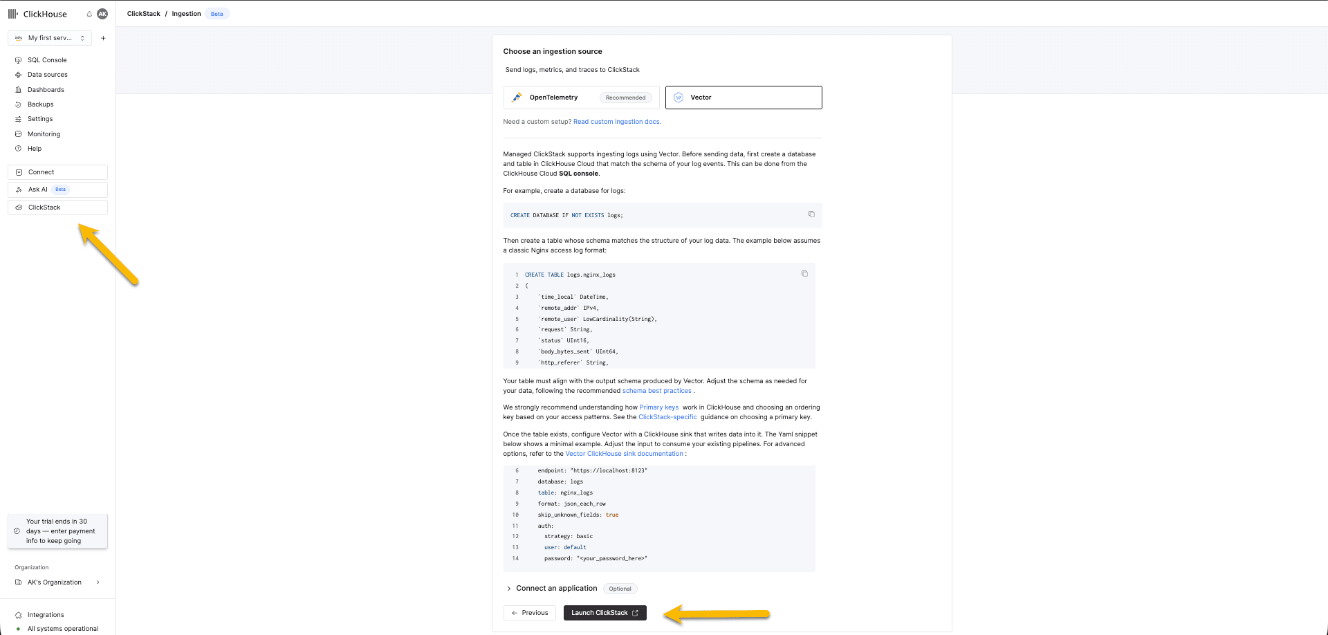 Launch ClickStack for vector
