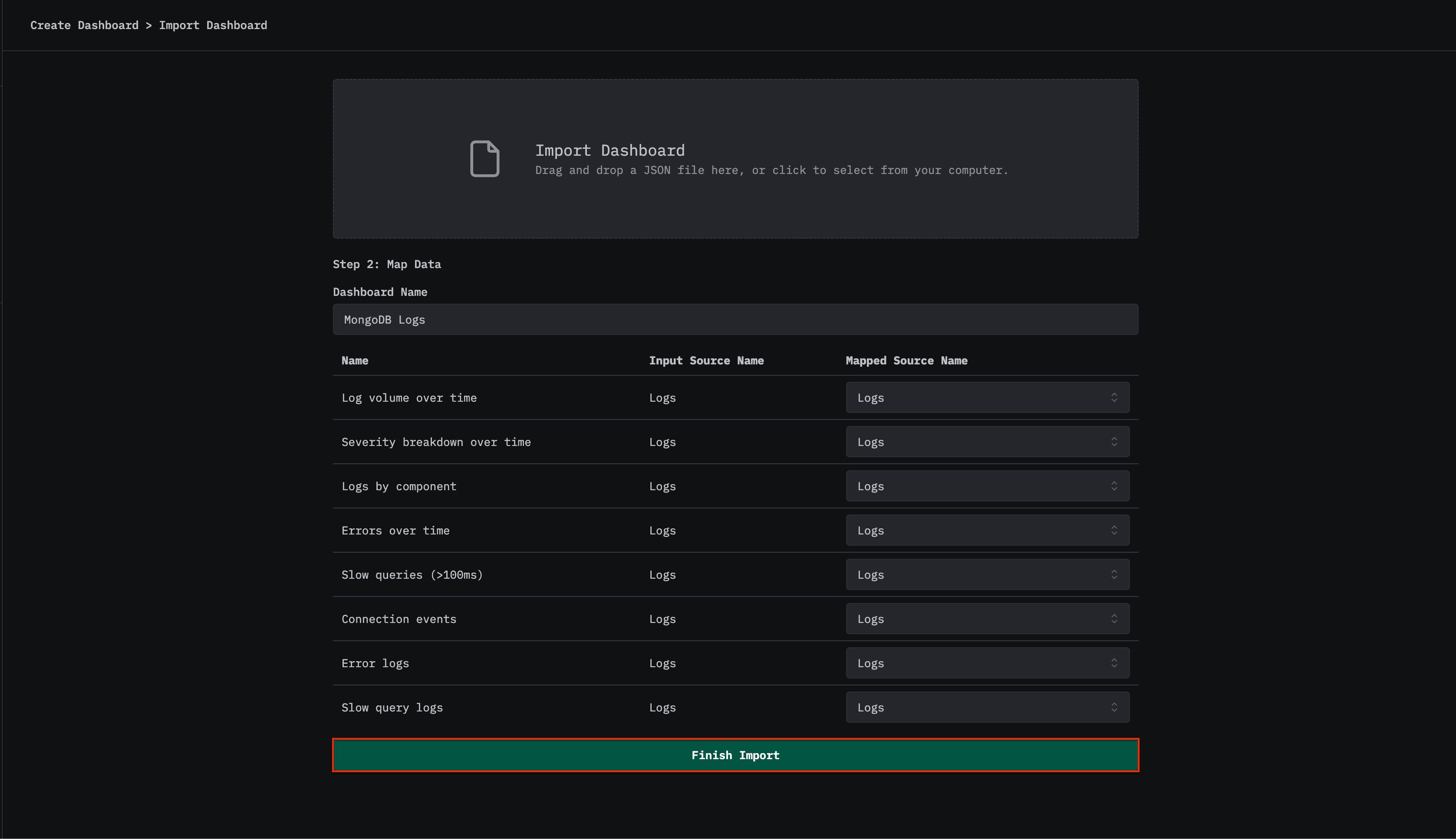 Concluir importação do dashboard de logs do MongoDB