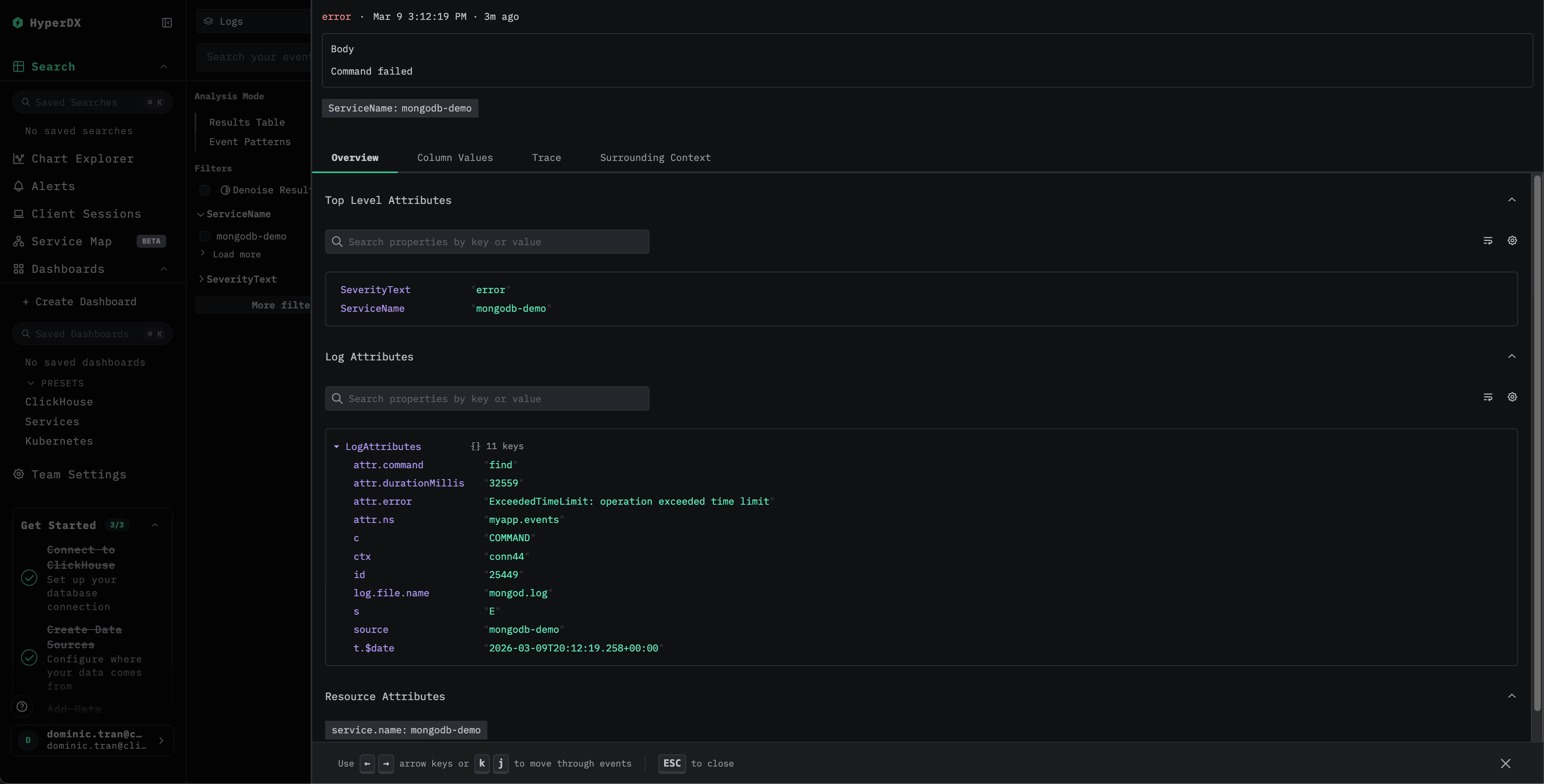 Visualização detalhada dos logs do MongoDB