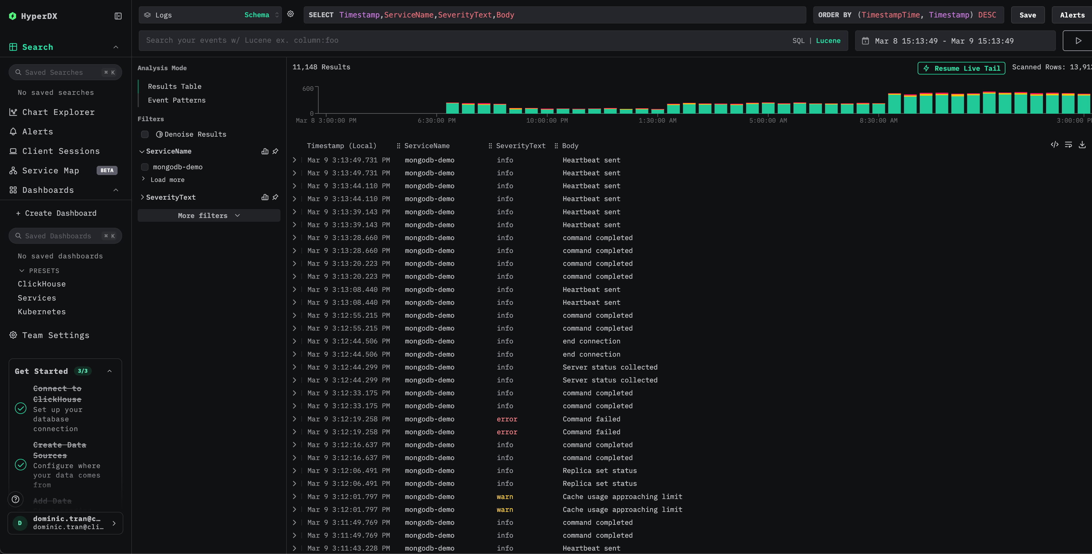 Visualização de pesquisa dos logs do MongoDB