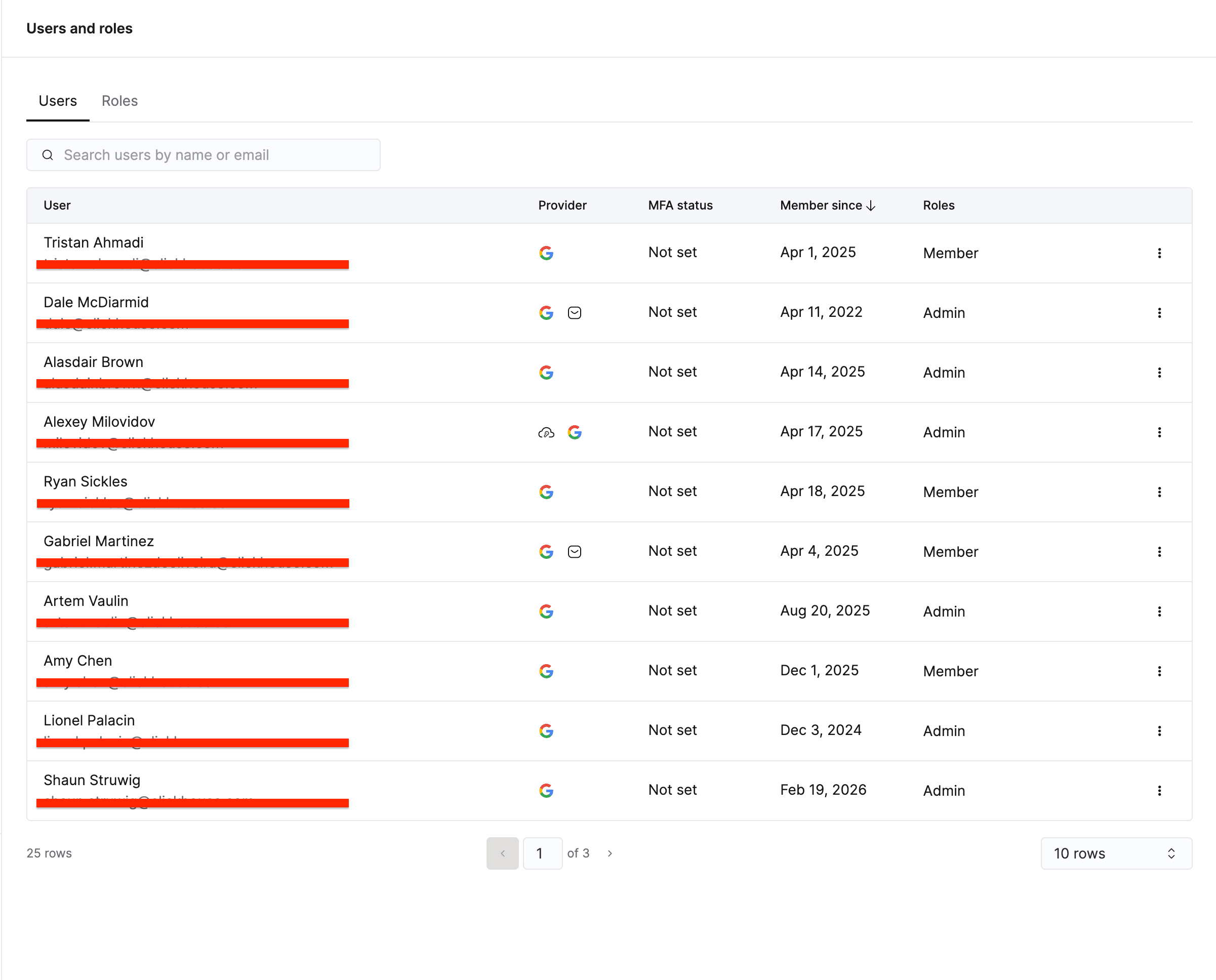 صفحة Users and roles في ClickHouse Cloud
