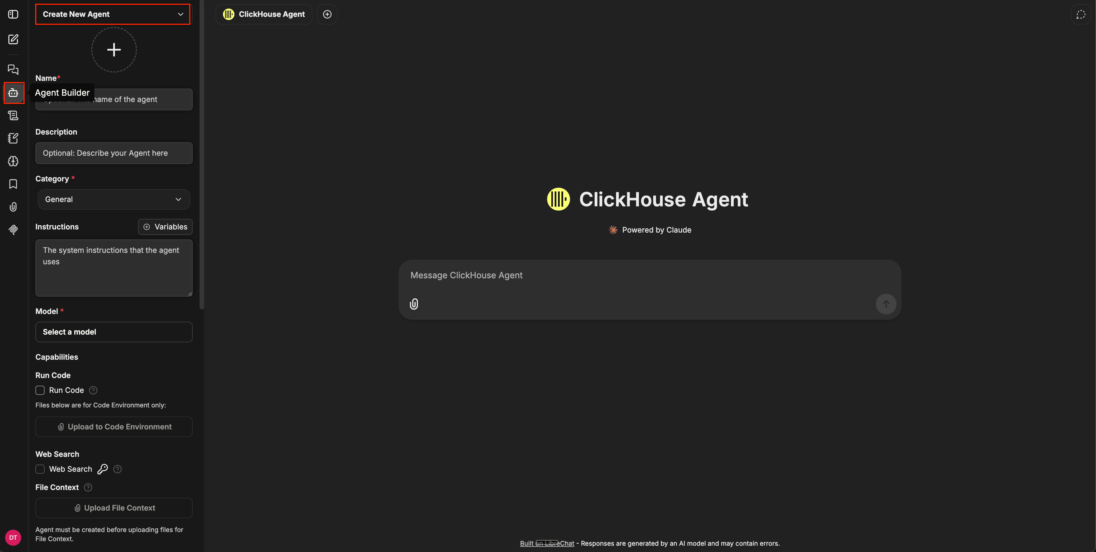 Create New Agent 드롭다운, 양식 필드(Name, Description, Category, Instructions, Model), 그리고 Capabilities 섹션이 표시된 Agent Builder 패널