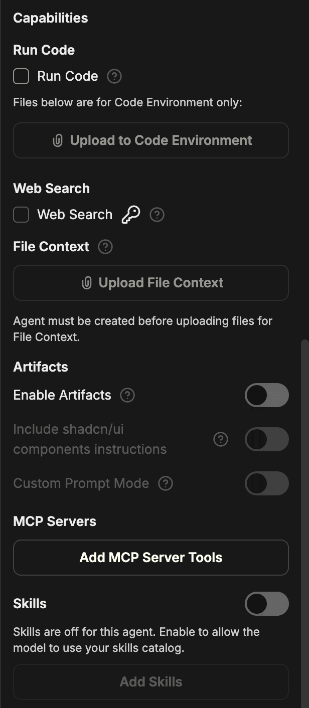 Run Code, 웹 검색, File Context, Artifacts, MCP 서버, 스킬 토글이 표시된 Agent Builder 패널의 Capabilities 섹션