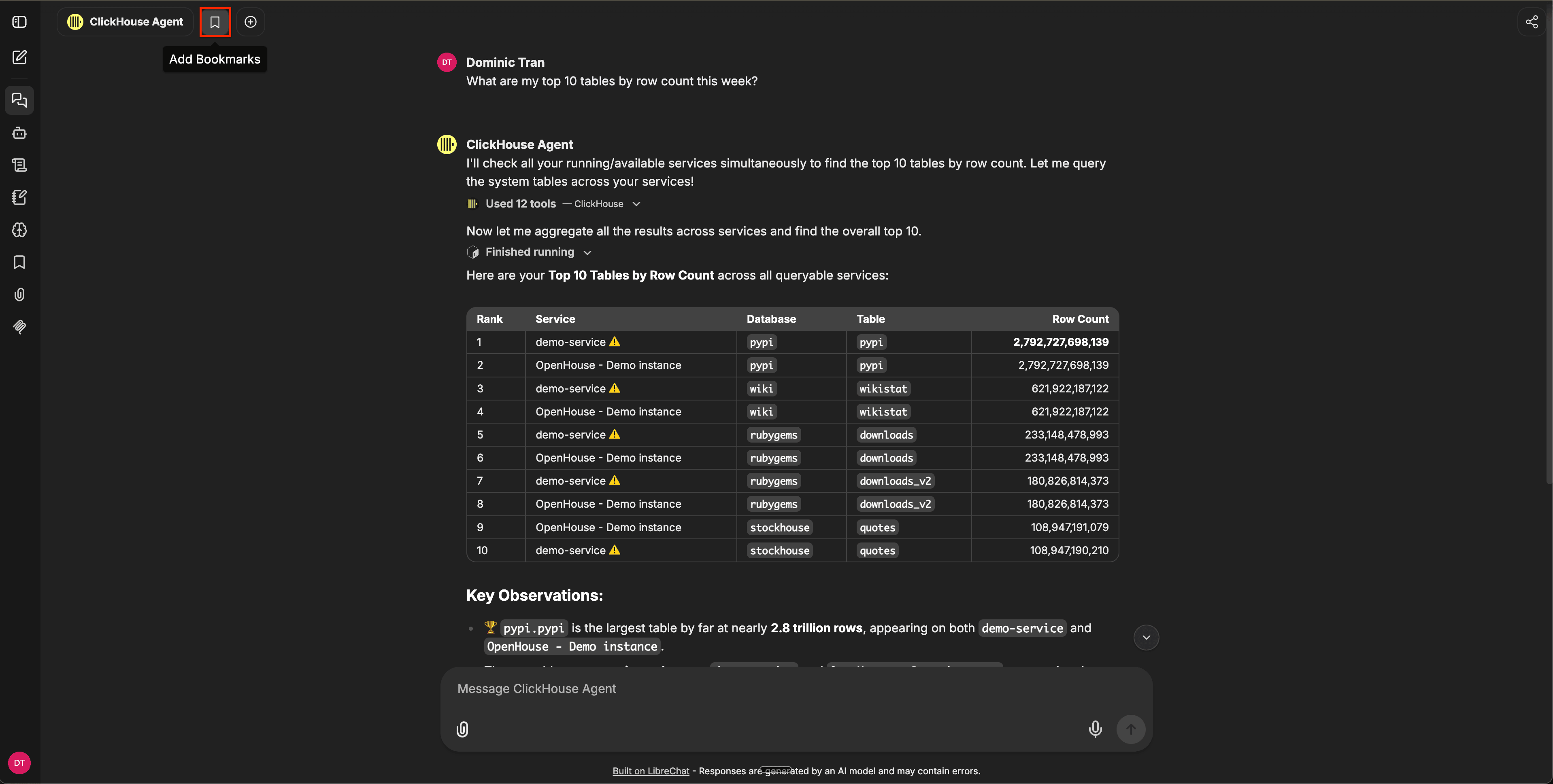 Cabeçalho do chat com o ícone de favorito destacado e a dica de ferramenta Add Bookmarks visível