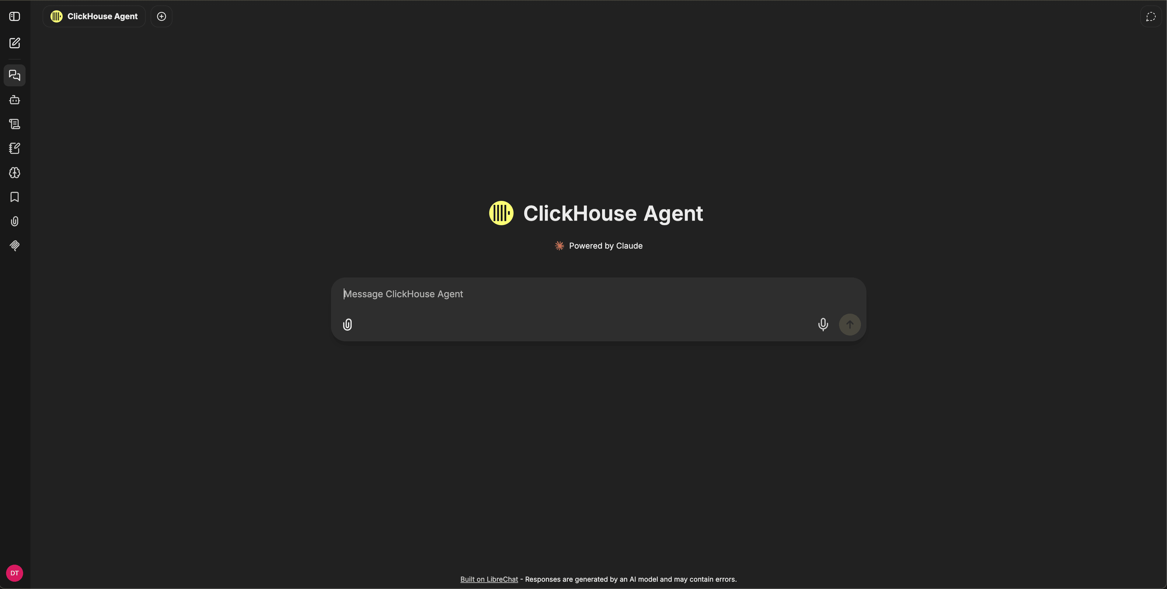 Interface de chat do ClickHouse Agent mostrando a navegação à esquerda, o cabeçalho com a identidade do agente e o composer