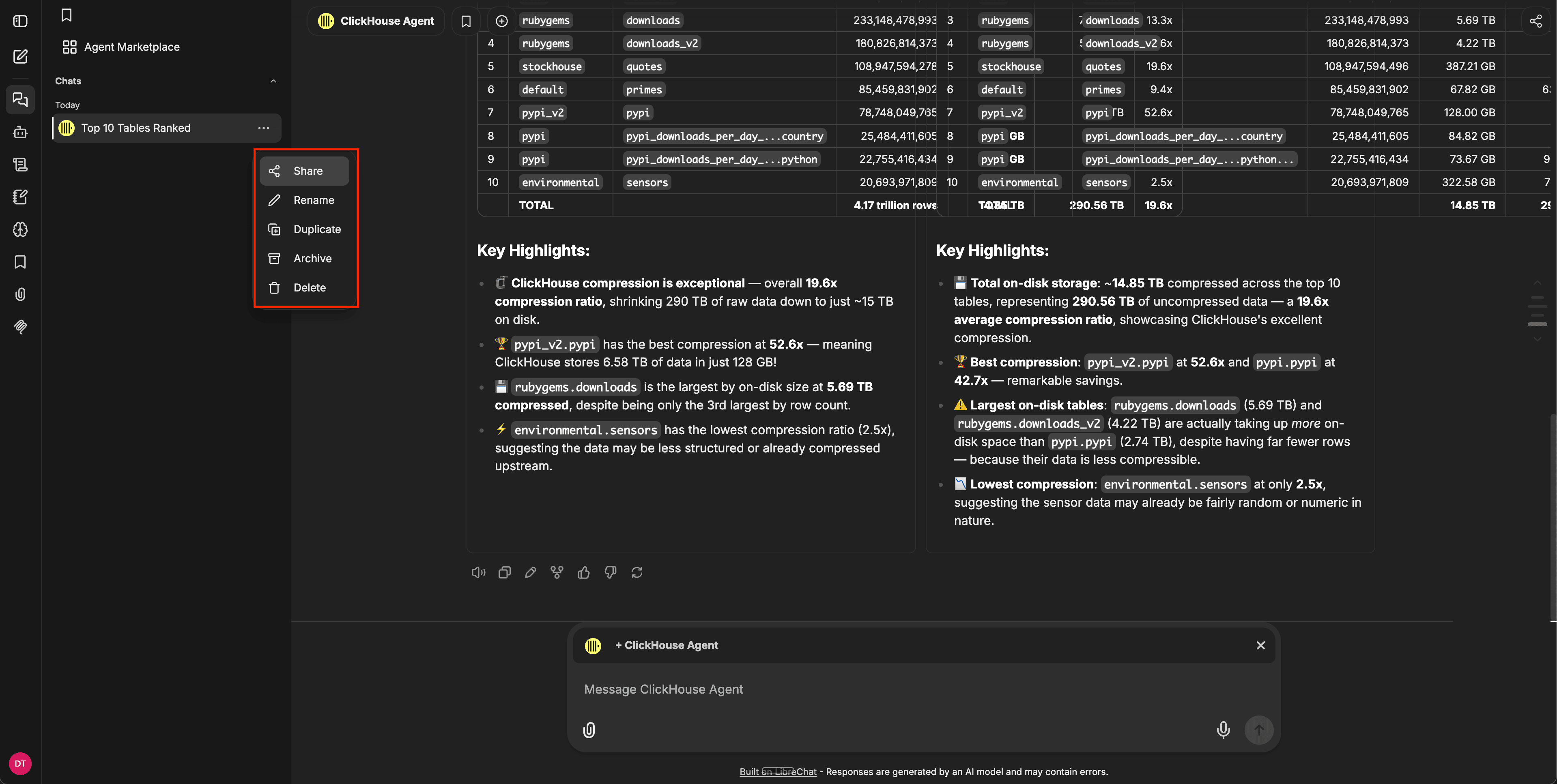 Menu da conversa na barra lateral com as opções Share, Rename, Duplicate, Archive e Delete visíveis