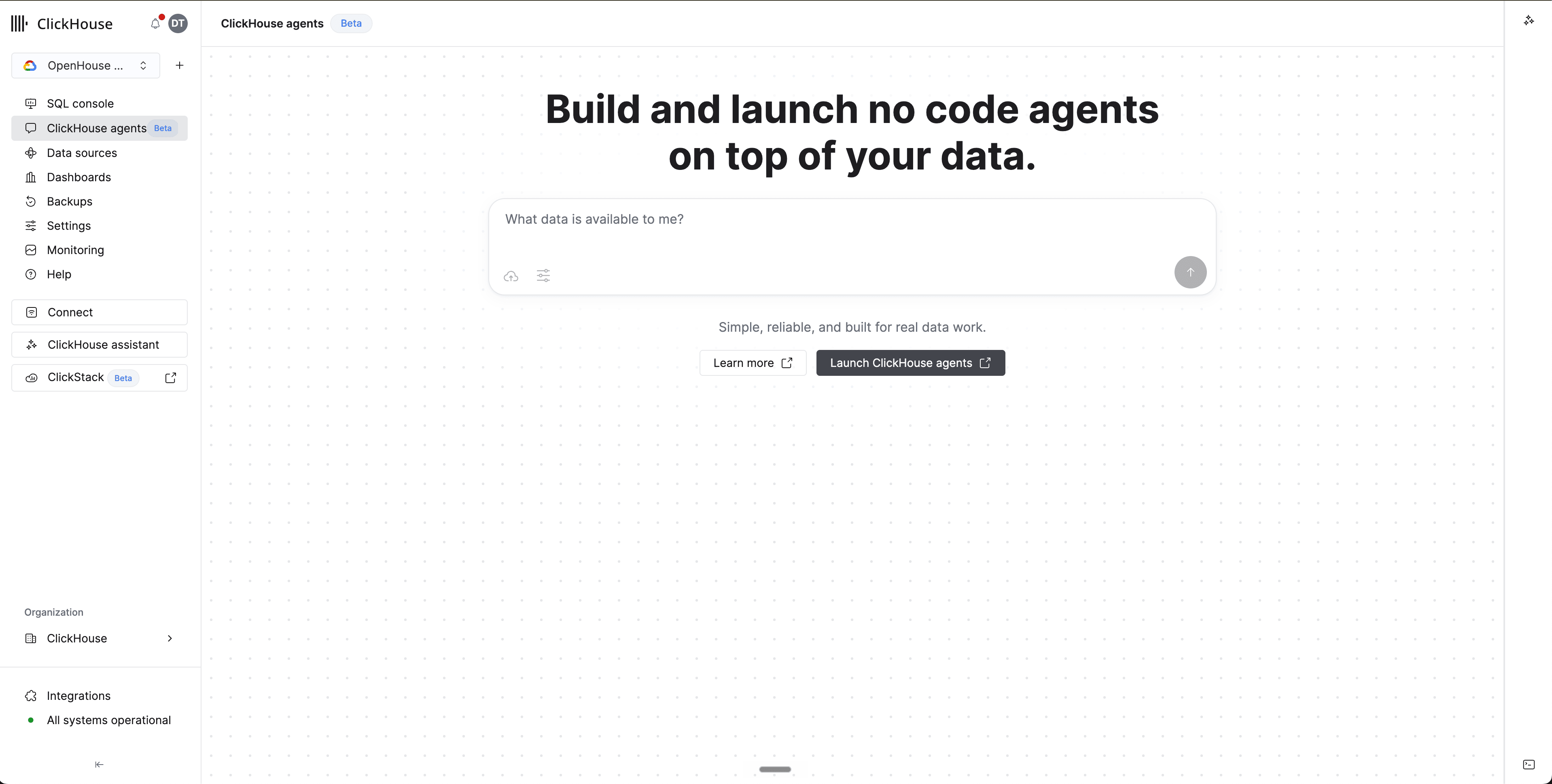 ClickHouse agents(베타)가 선택된 Cloud service 탐색 화면으로, Launch ClickHouse agents 버튼이 있는 런치패드를 보여줍니다