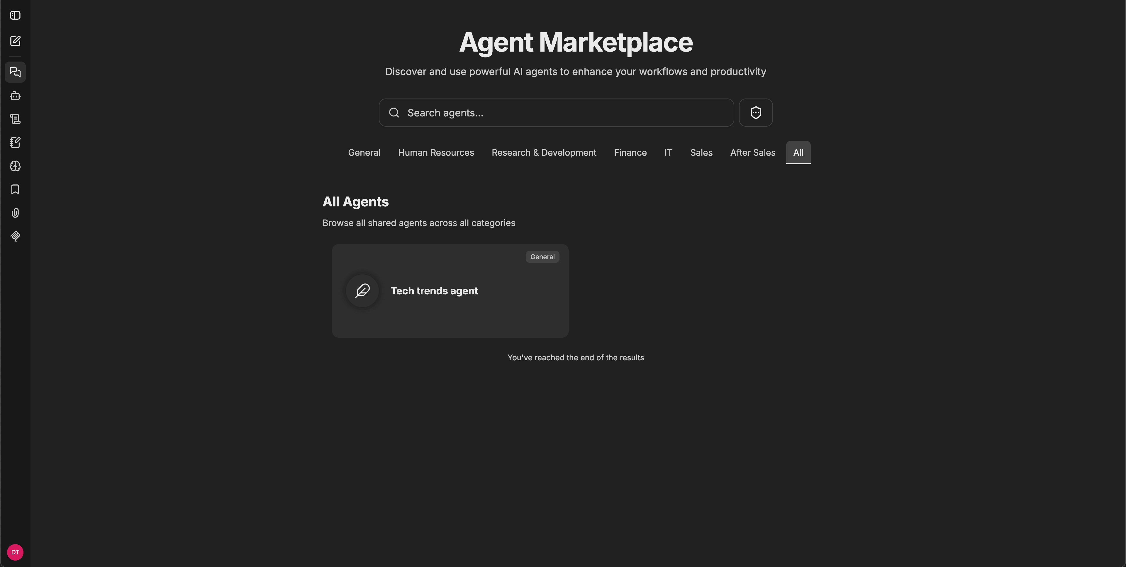 Tela do Marketplace de agentes com o título, a barra de pesquisa, as abas de categoria (Geral, Recursos Humanos, Pesquisa e Desenvolvimento, Finanças, TI, Vendas, Pós-vendas, Todas) e um cartão de agente visível