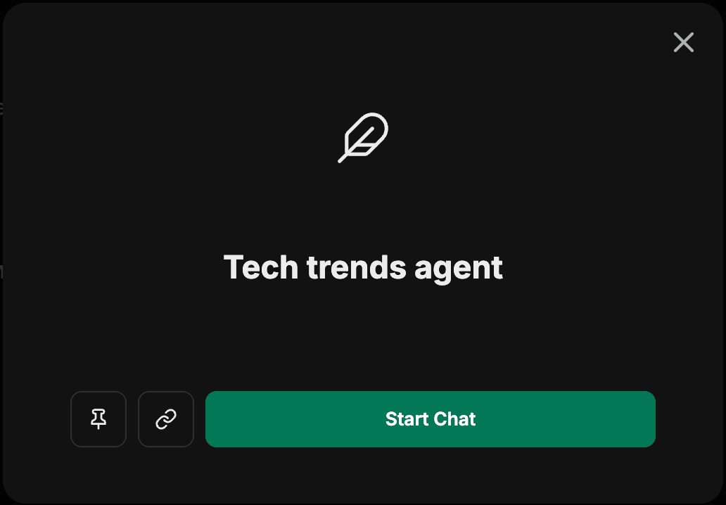 Modal de detalhes do agente mostrando o nome do agente, um ícone e as ações Pin, Copy link e Start Chat
