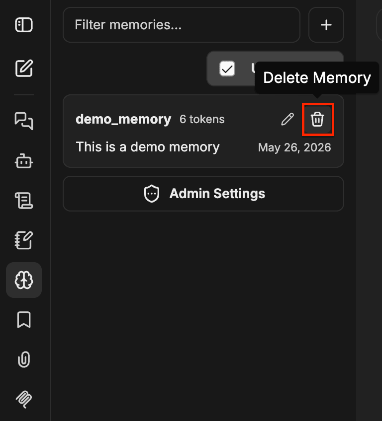 Delete Memory 휴지통 아이콘이 강조 표시된 메모리 항목