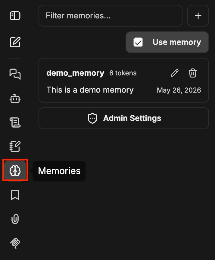 왼쪽 탐색 메뉴에서 뇌 아이콘이 강조 표시된 Memories 패널로, 필터 입력란, Add 버튼, 메모리 사용 체크박스, 편집 및 삭제 컨트롤이 있는 메모리 항목, 그리고 Admin Settings 버튼이 표시되어 있습니다