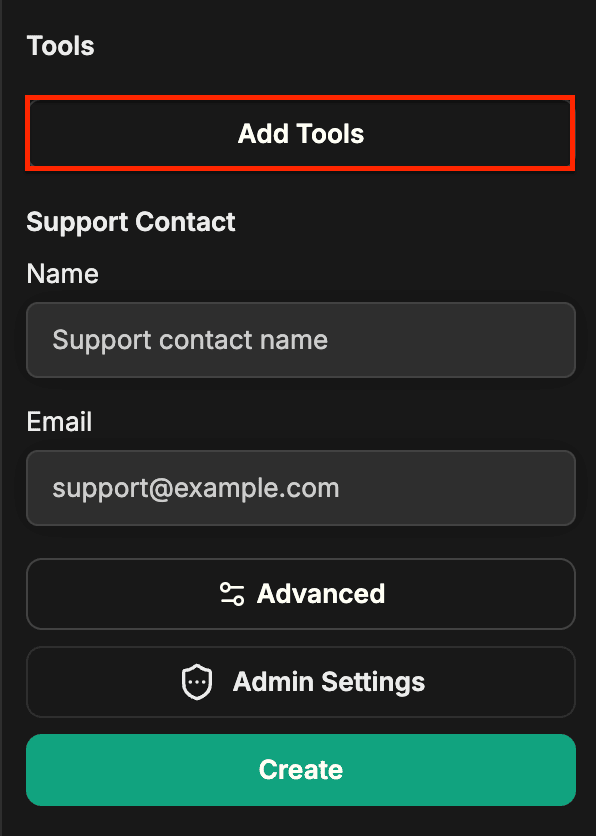 Add Tools 버튼이 강조 표시된 Agent Builder 패널 하단