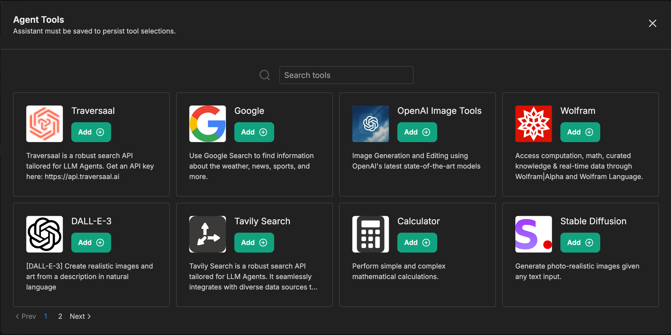 Agent Tools modal showing image-model integrations including OpenAI Image Tools, DALL-E-3, and Stable Diffusion alongside other third-party tools