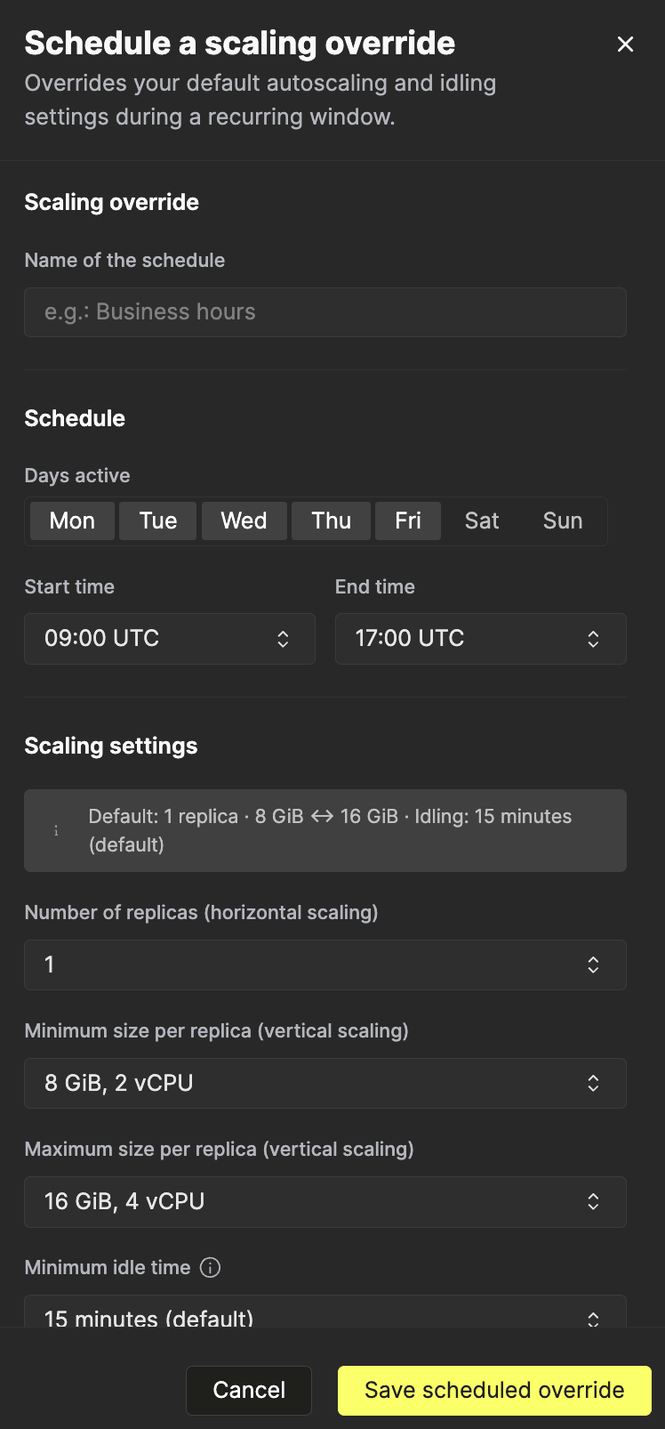 A interface de agendamentos de escalonamento no console do ClickHouse Cloud, mostrando regras de escalonamento baseadas em horário
