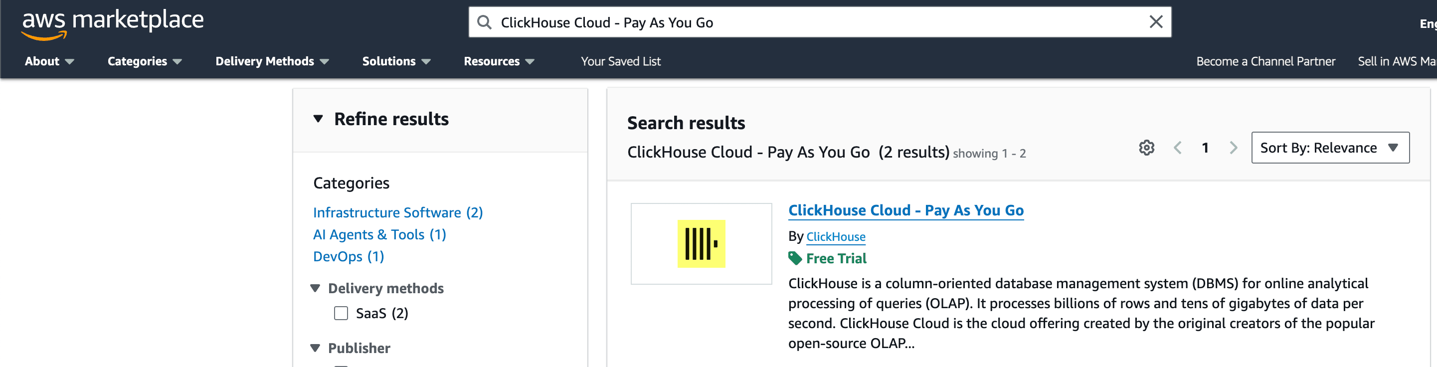 Pesquisa do ClickHouse no AWS Marketplace