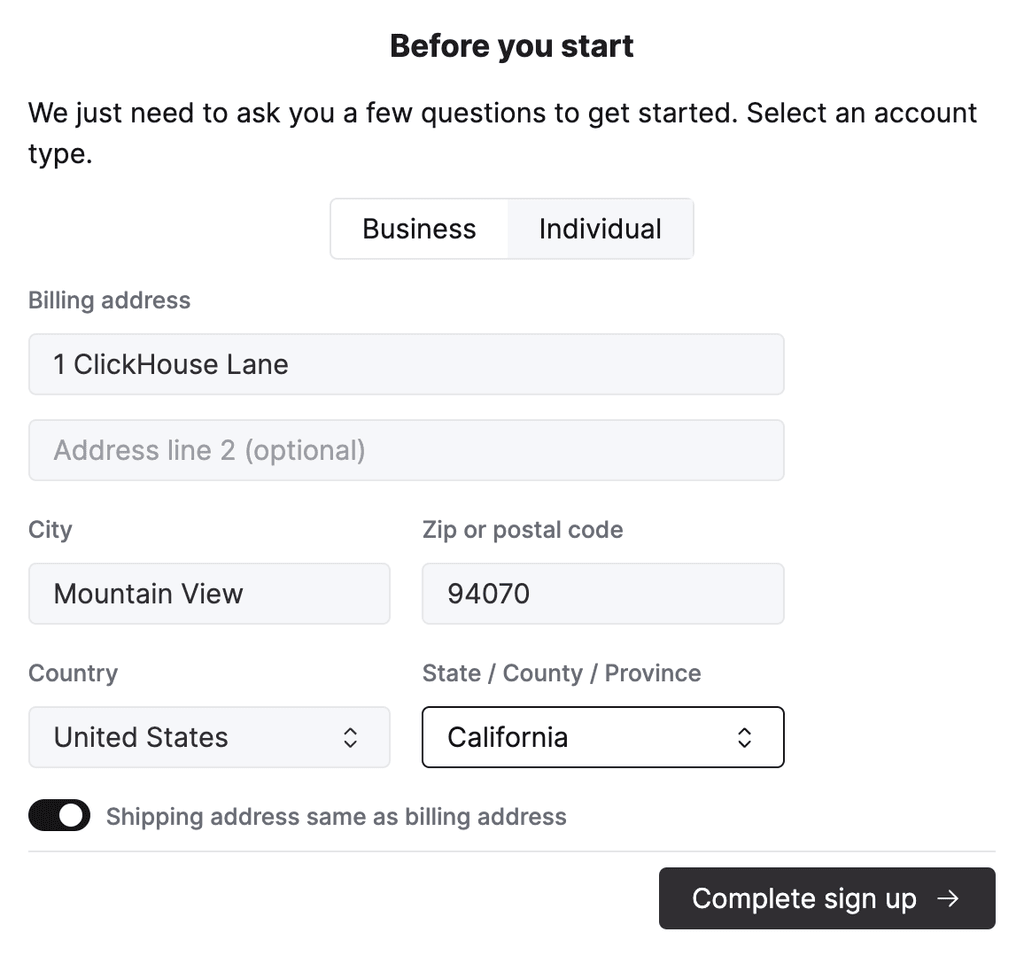 Página de login do ClickHouse Cloud