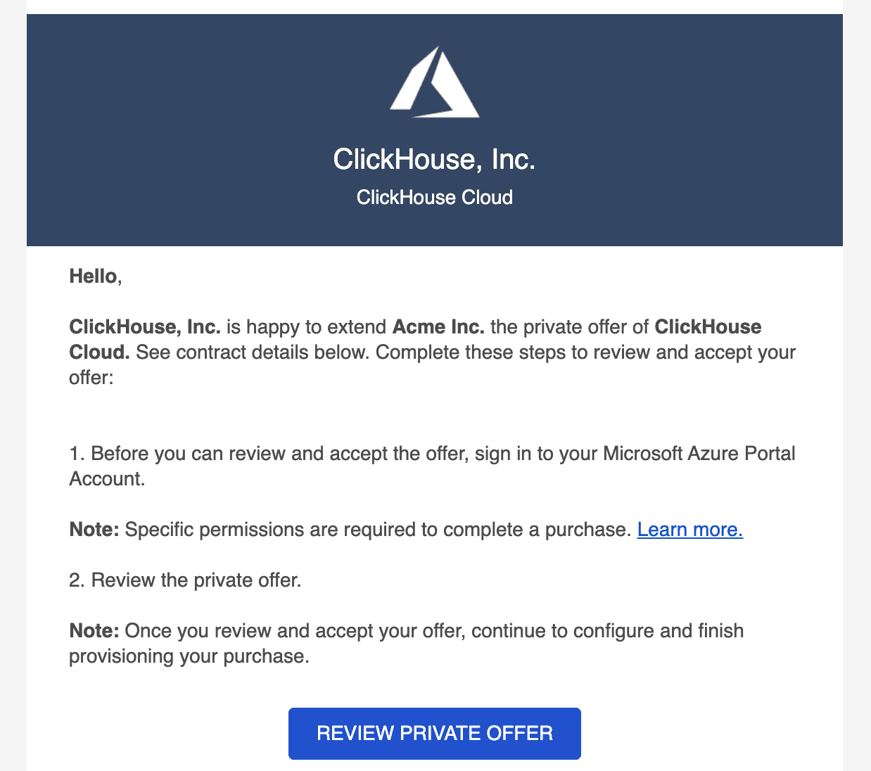 E-mail de oferta privada do Azure Marketplace
