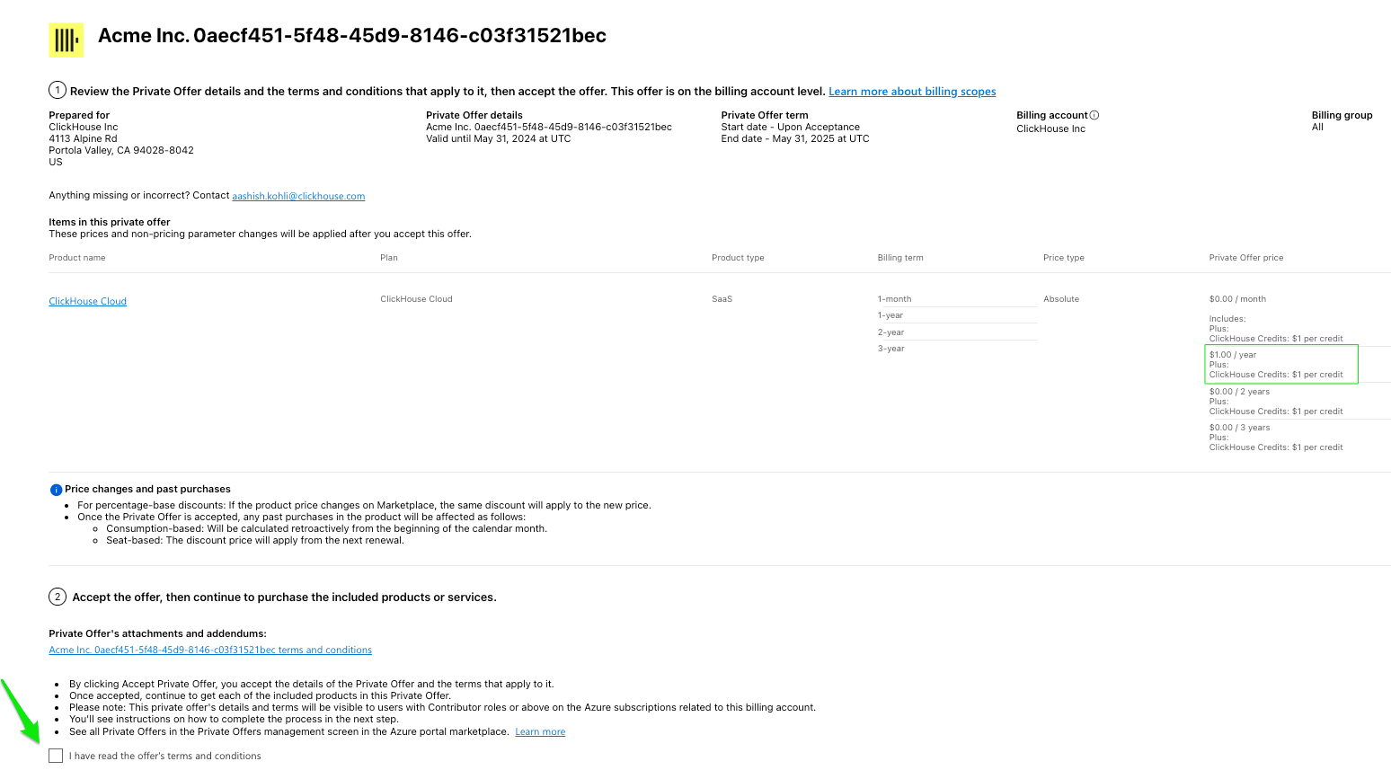 Detalhes da oferta privada no Azure Marketplace