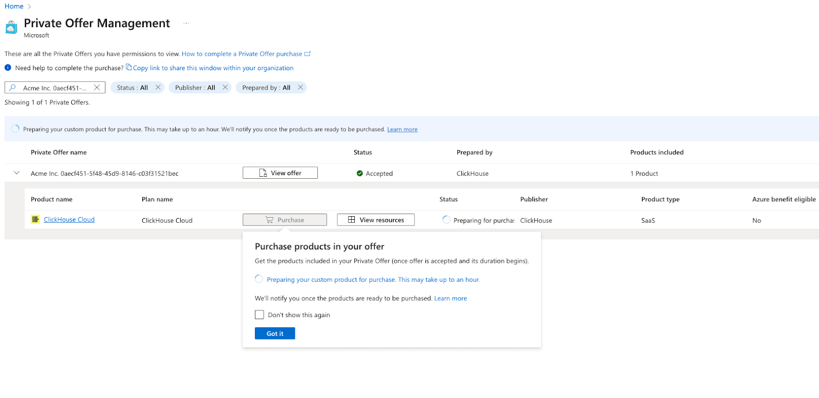 Página Private Offer Management do Azure Marketplace