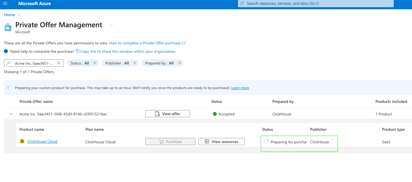 Carregamento da página Private Offer Management do Azure Marketplace