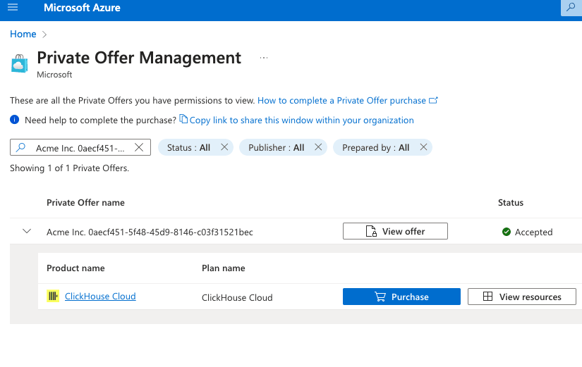 Página Private Offer Management do Azure Marketplace com compra habilitada