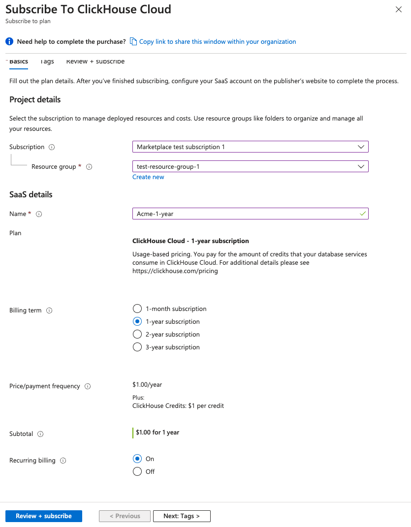 Formulário de assinatura do Azure Marketplace