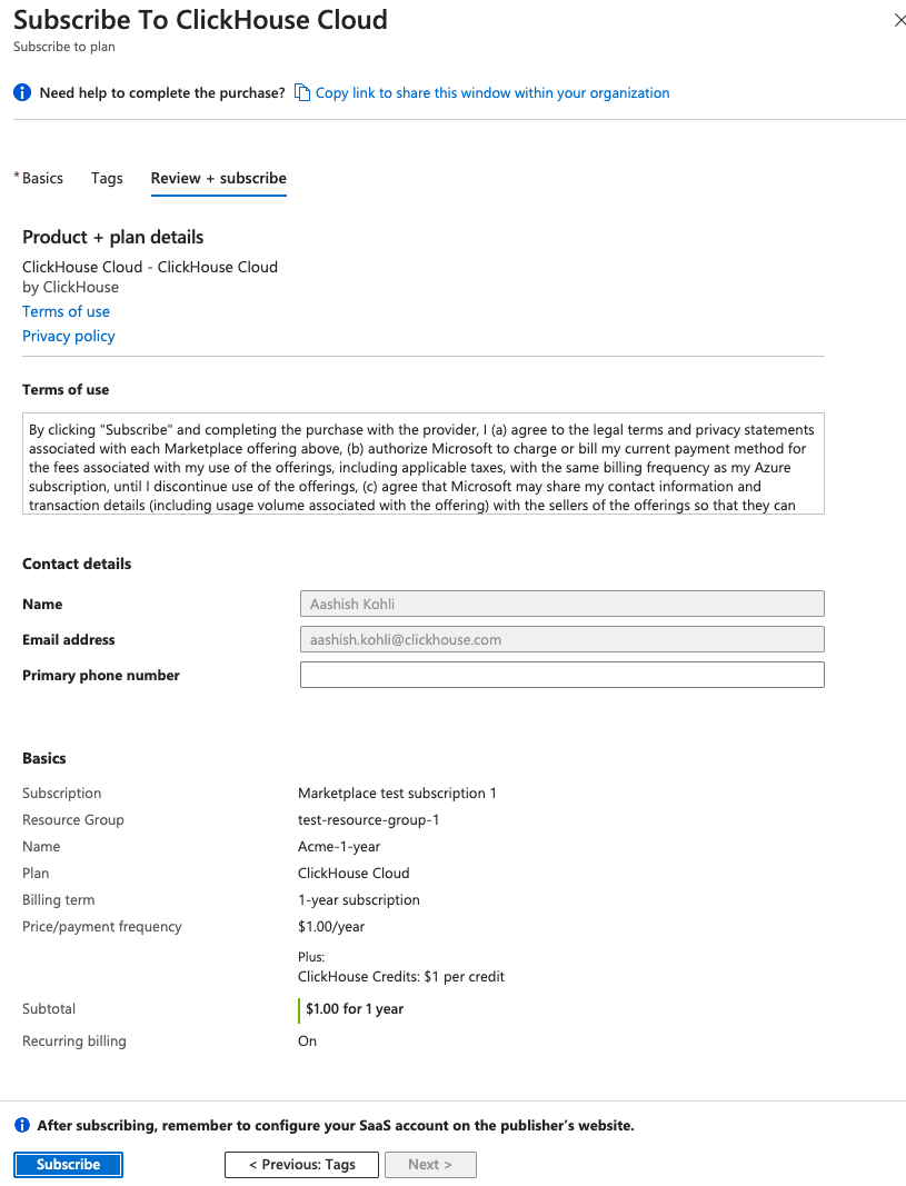 Confirmação de assinatura do Azure Marketplace
