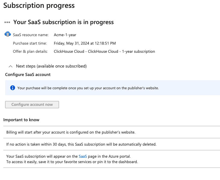 Página de envio da assinatura do Azure Marketplace