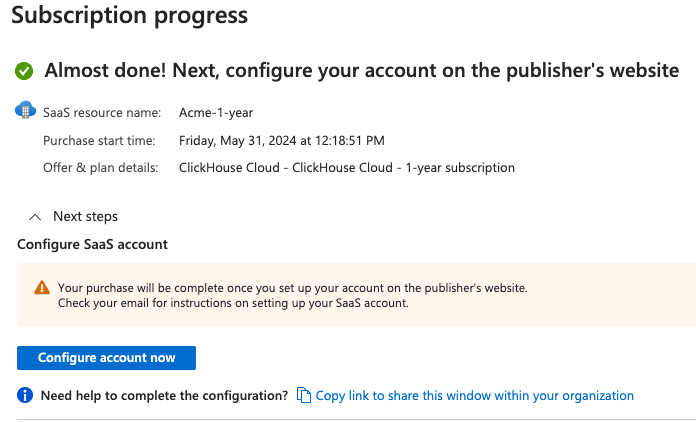 Botão Configure account now do Azure Marketplace