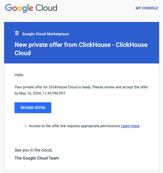E-mail de oferta privada do Marketplace do GCP