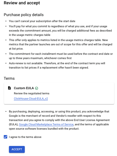 Página de aceitação do Marketplace do GCP
