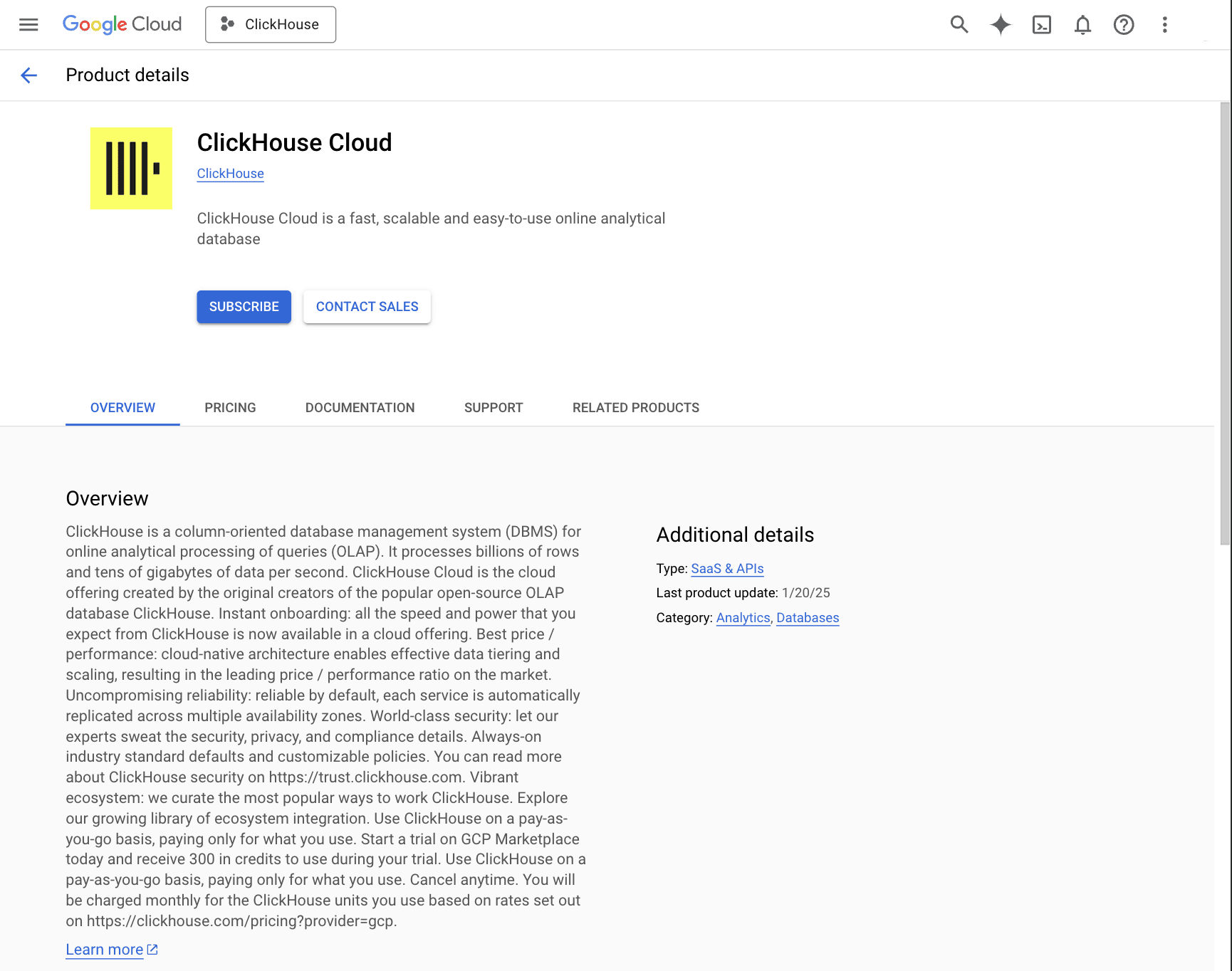 ClickHouse Cloud no Marketplace do GCP