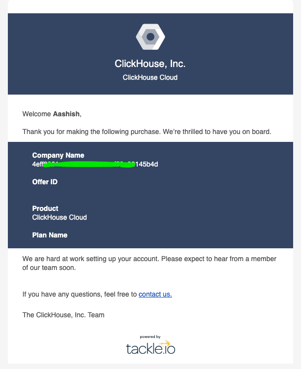 E-mail de confirmação do Marketplace do GCP