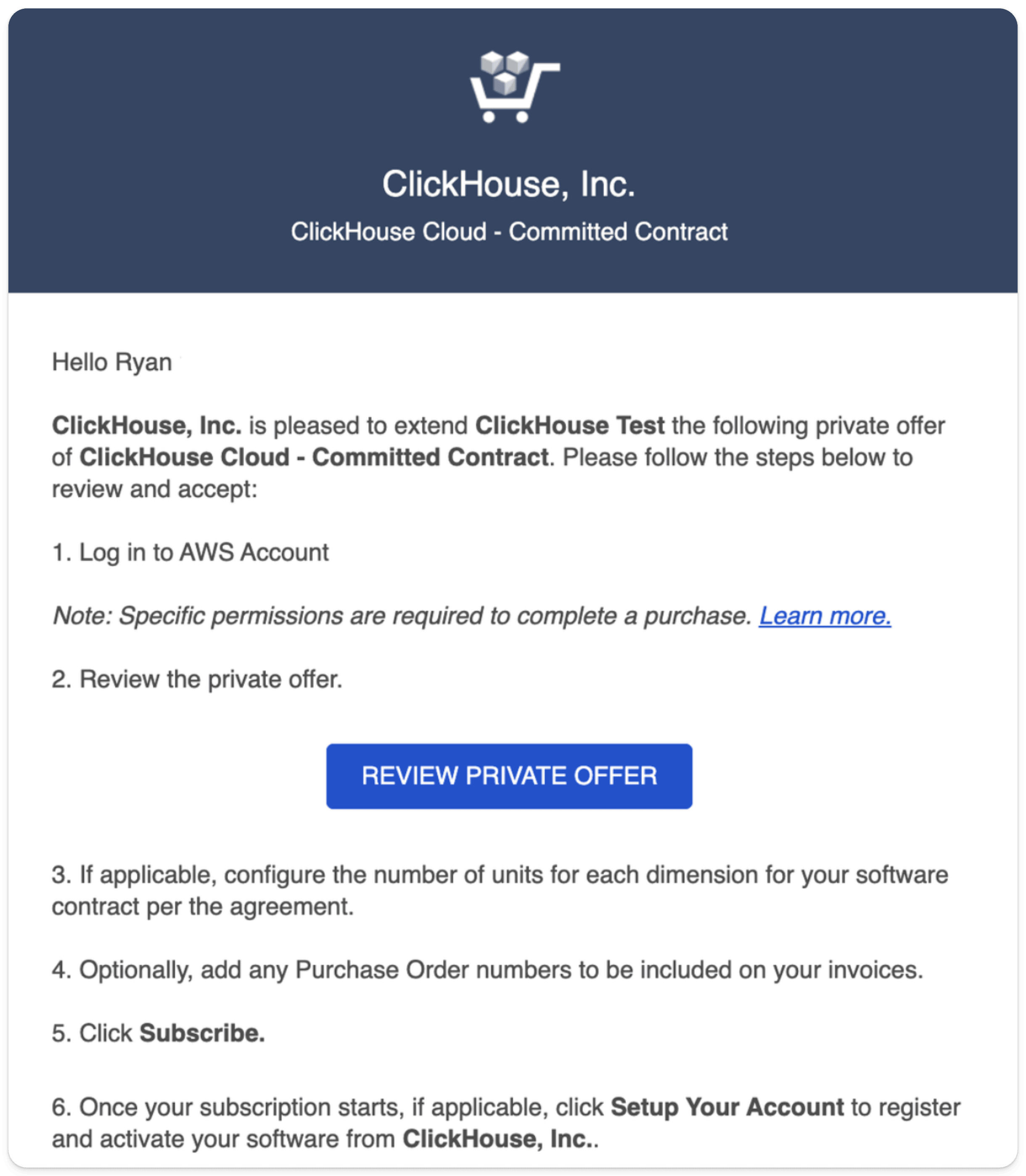 E-mail de oferta privada do AWS Marketplace