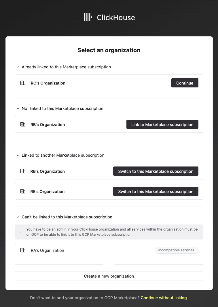 Crie ou selecione uma organização para faturar nesta assinatura