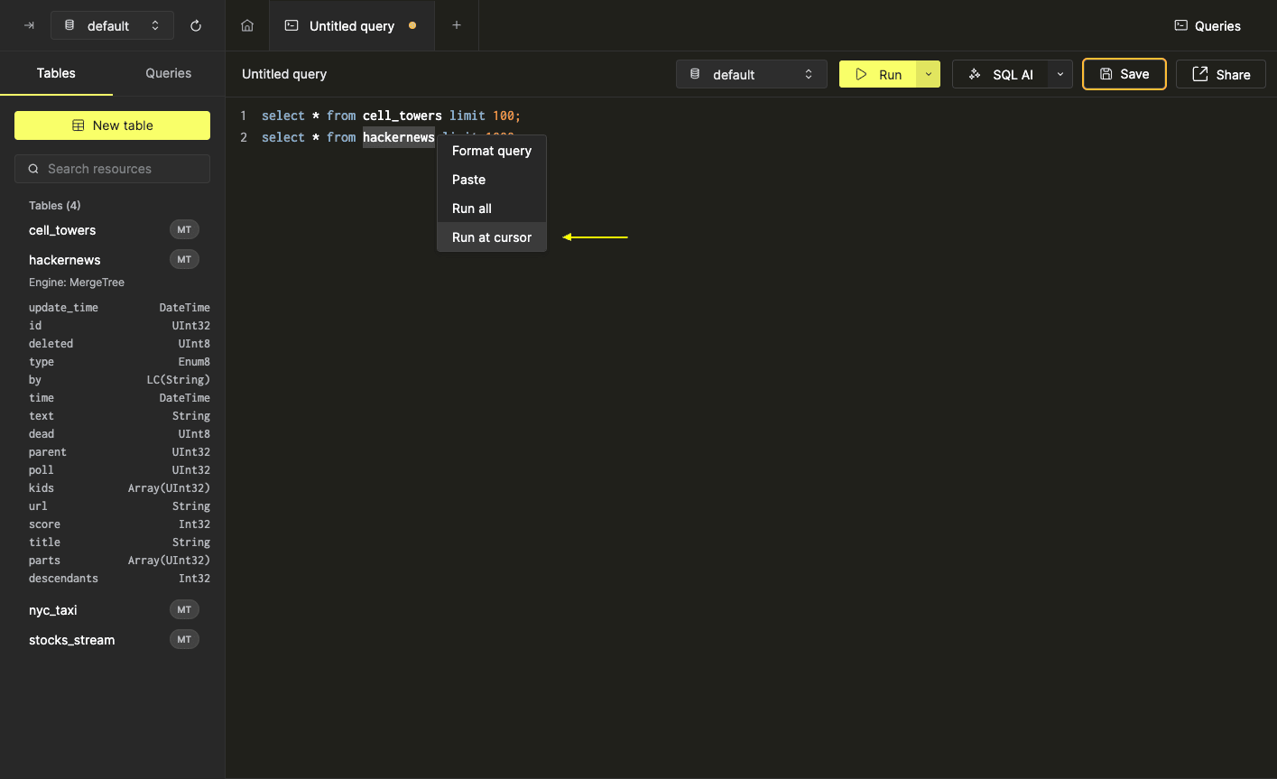 Run at cursor option in the SQL Editor context menu