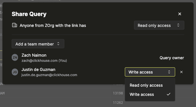 Interface for editing member access to a shared query