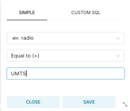 Filter on radio equal to UMTS