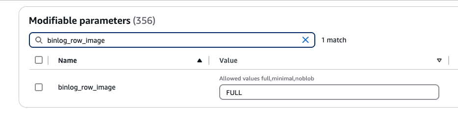 Binlog row image to FULL