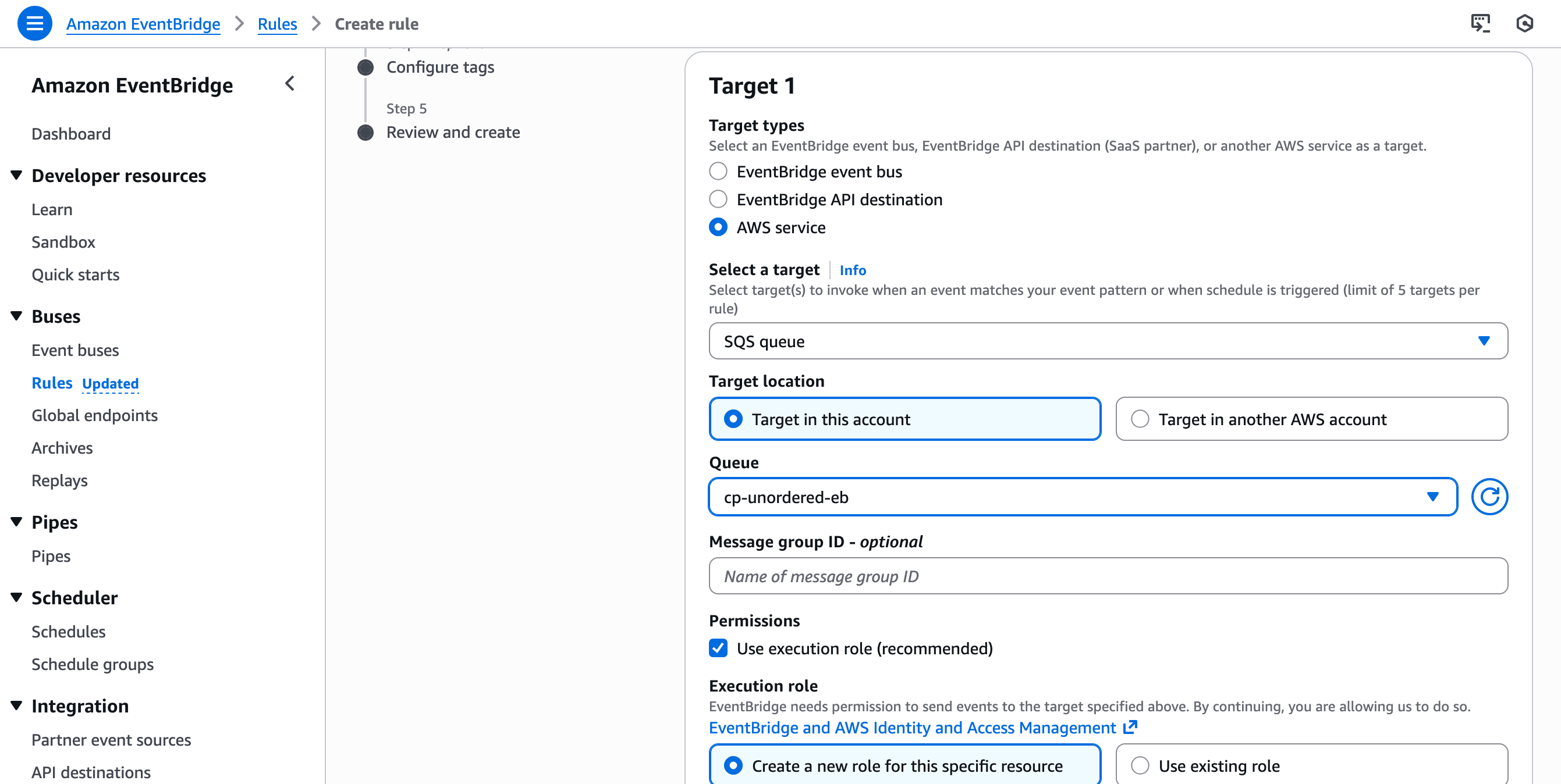 Setting the SQS queue as the EventBridge rule target