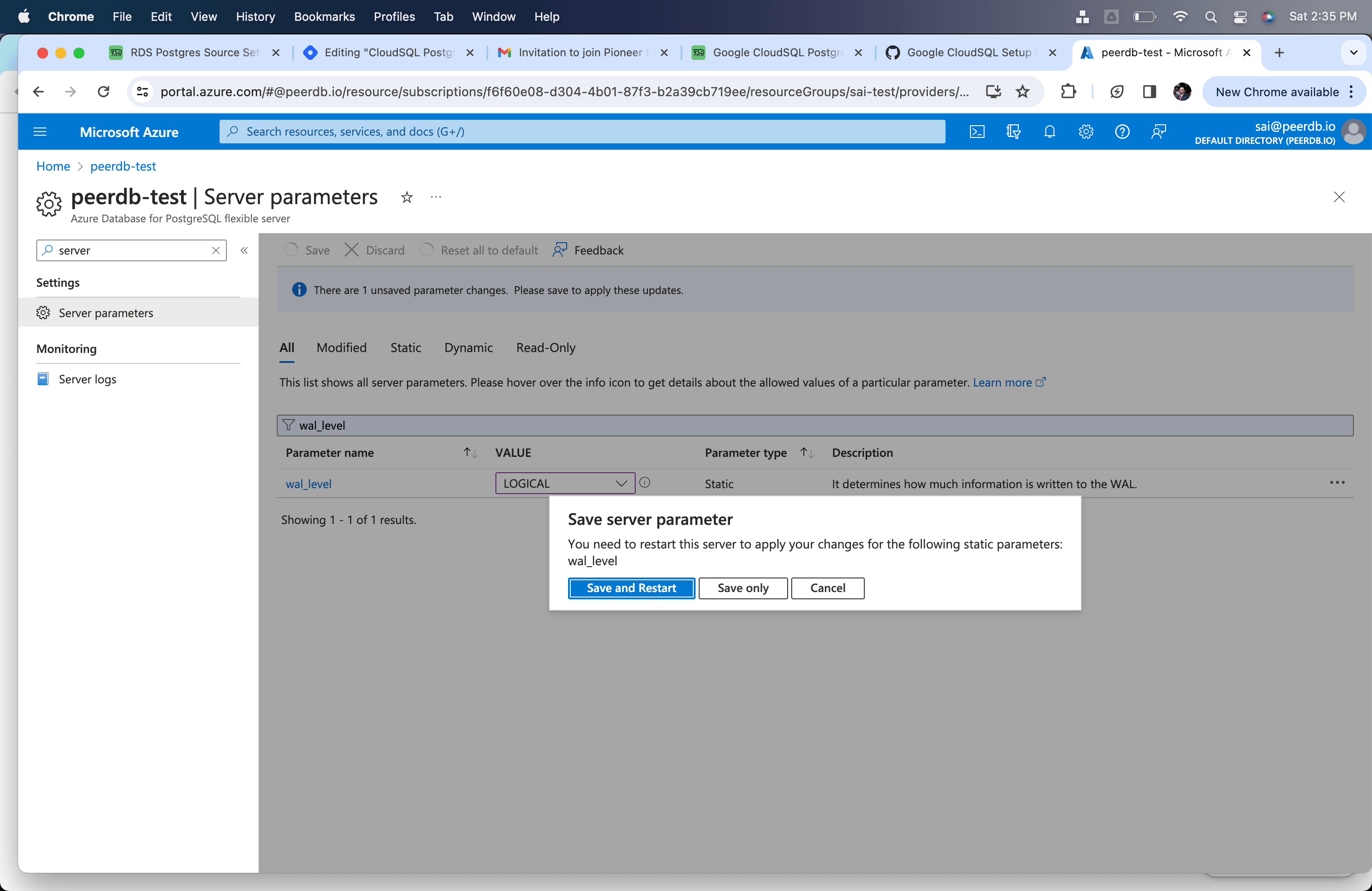 Restart server after changing wal_level