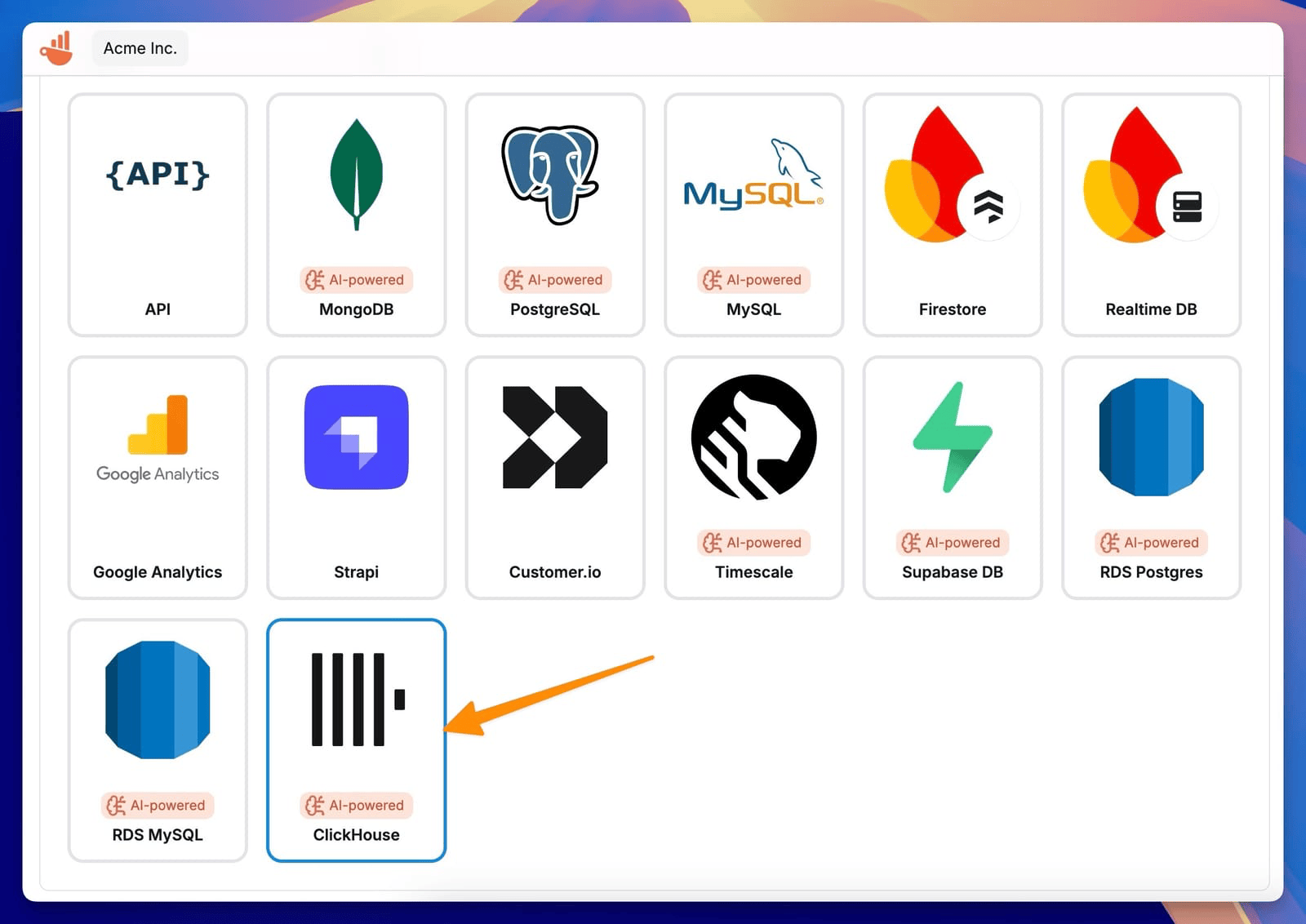 اختيار اتصال ClickHouse في Chartbrew