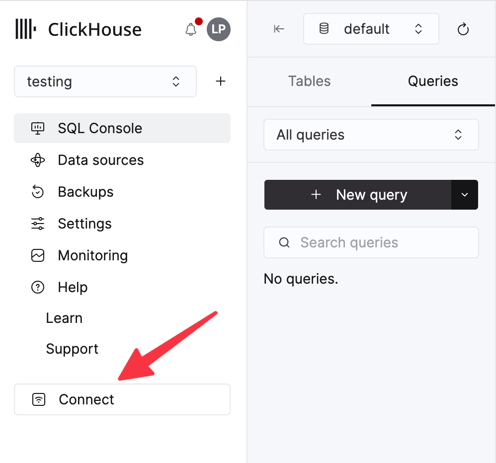 موضع زر Connect في وحدة تحكم ClickHouse Cloud