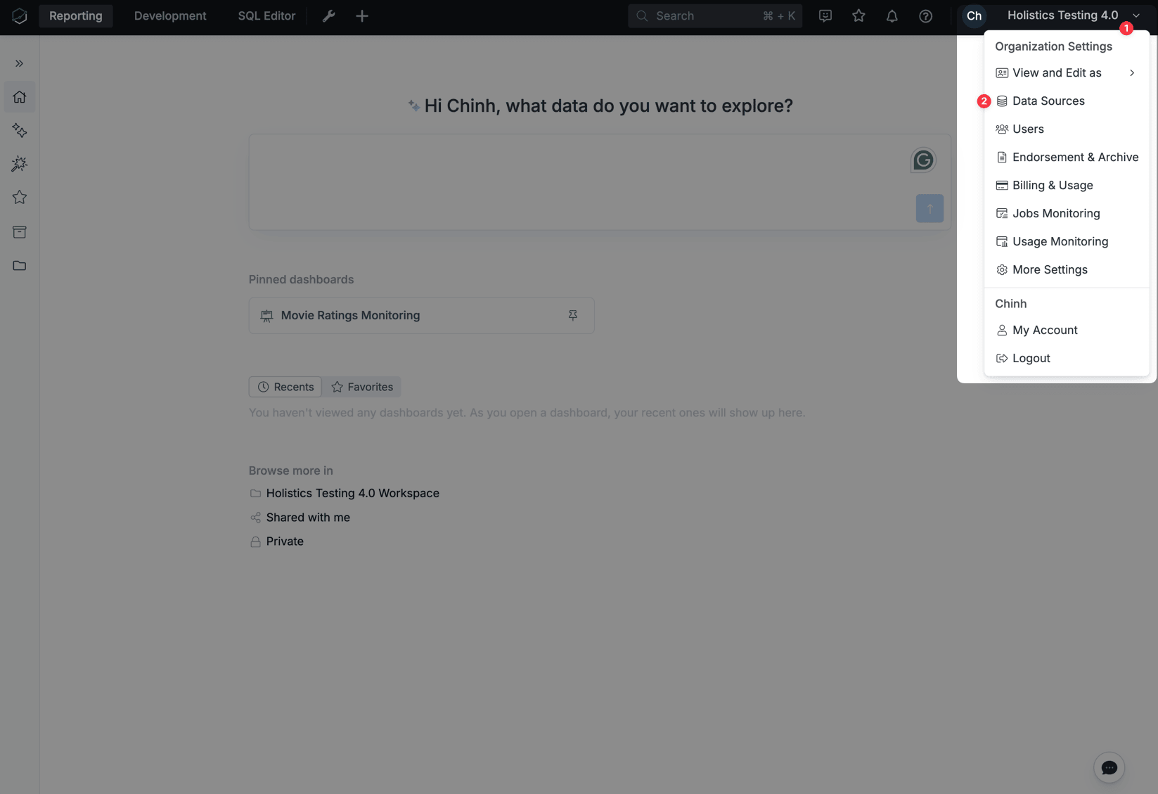 الانتقال إلى Data Sources في إعدادات Holistics